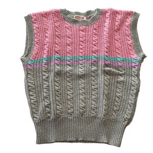 Vtg Casual Corner Chunky Sweater Vest M Preppy Nerd 100% Shetland Wool Gray Pink